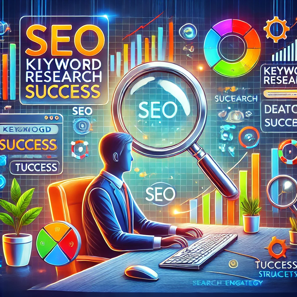 Persona che analizza parole chiave per il successo SEO con grafici e simboli di crescita