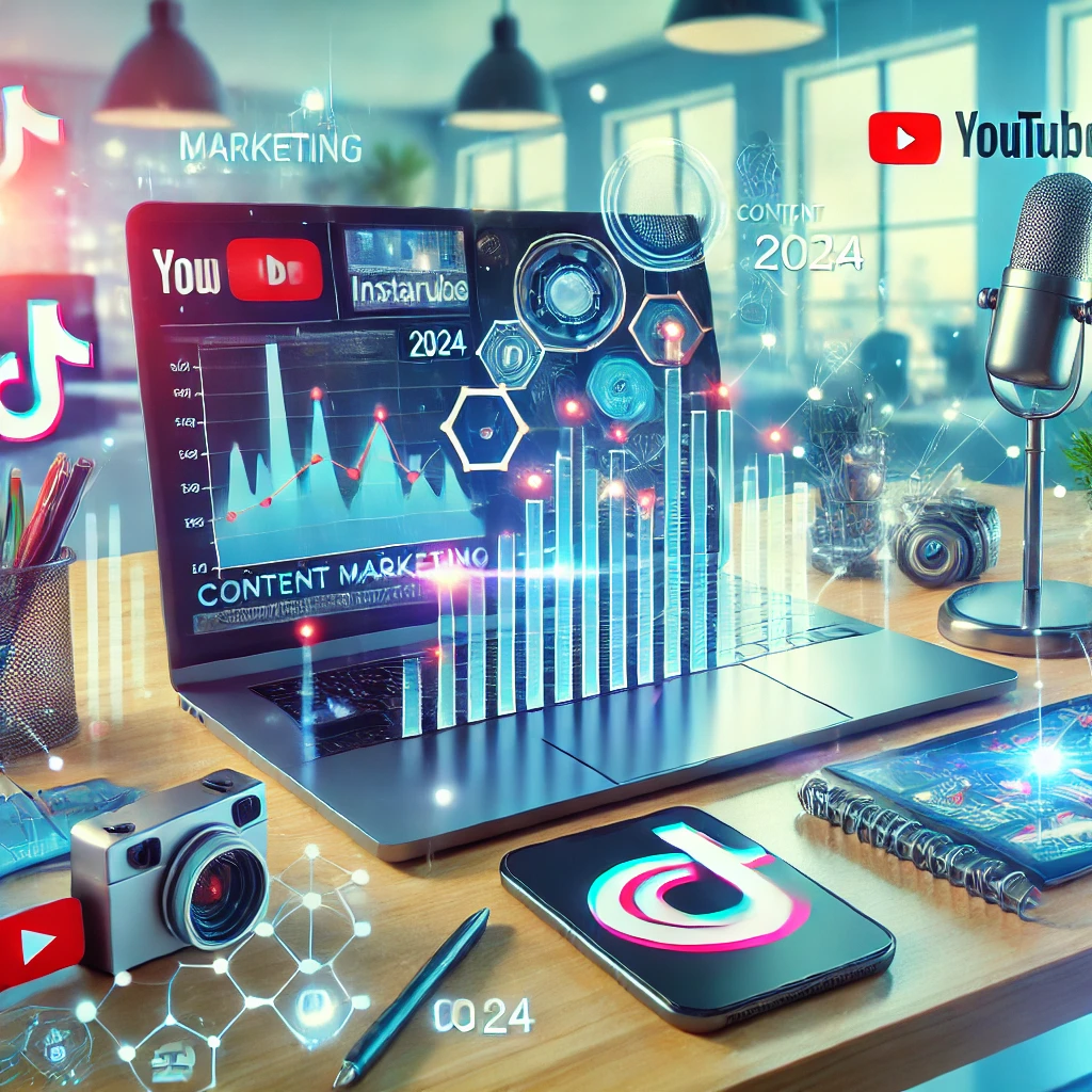 Scrivania con laptop che mostra grafici di analisi, strumenti di editing video e icone dei social media come YouTube, Instagram e TikTok.