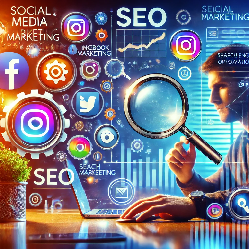 Persona che analizza l'integrazione tra SMM e SEO con icone social e simboli di ottimizzazione