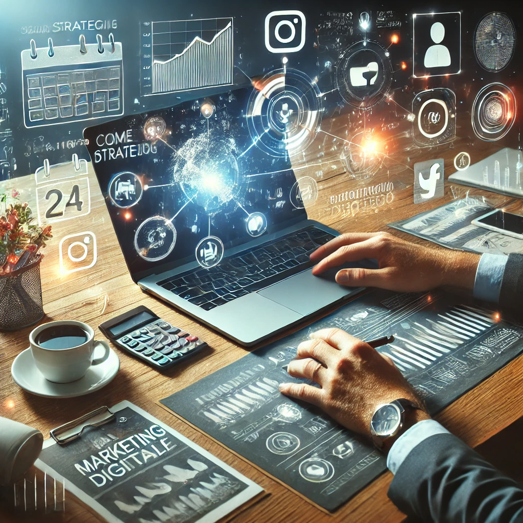 Professionista al laptop che visualizza un piano strategico digitale con grafici e icone di social media come Instagram, Facebook e LinkedIn.