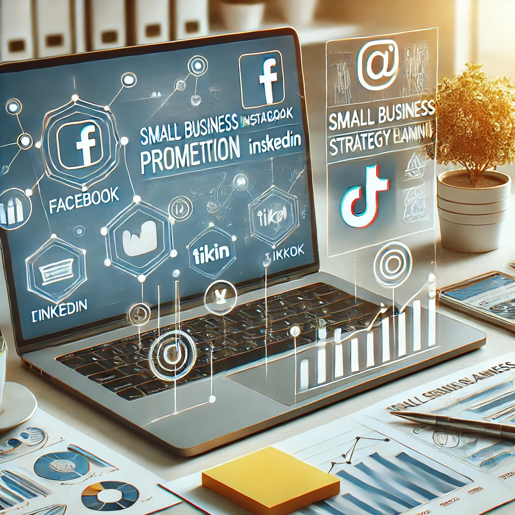 Illustrazione professionale della promozione di piccole imprese su piattaforme social come Facebook, Instagram, LinkedIn e TikTok, con dashboard e grafici analitici.