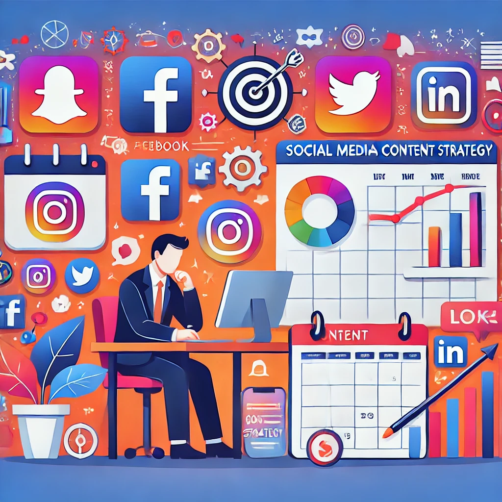 Persona che pianifica una strategia di contenuti per i social media con icone, calendario e grafici