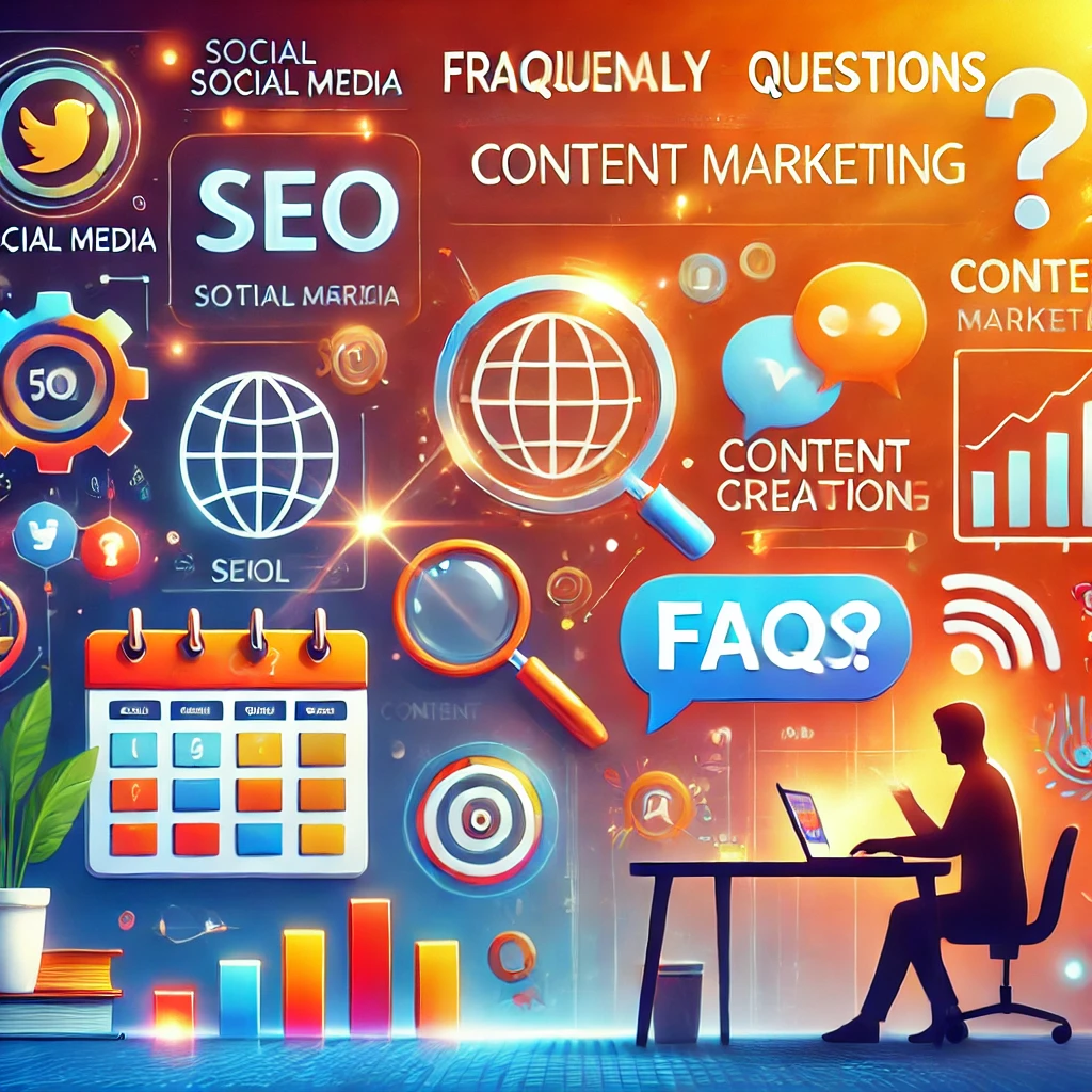 Persona che analizza domande comuni sul content marketing con icone di social media, SEO e pianificazione contenuti