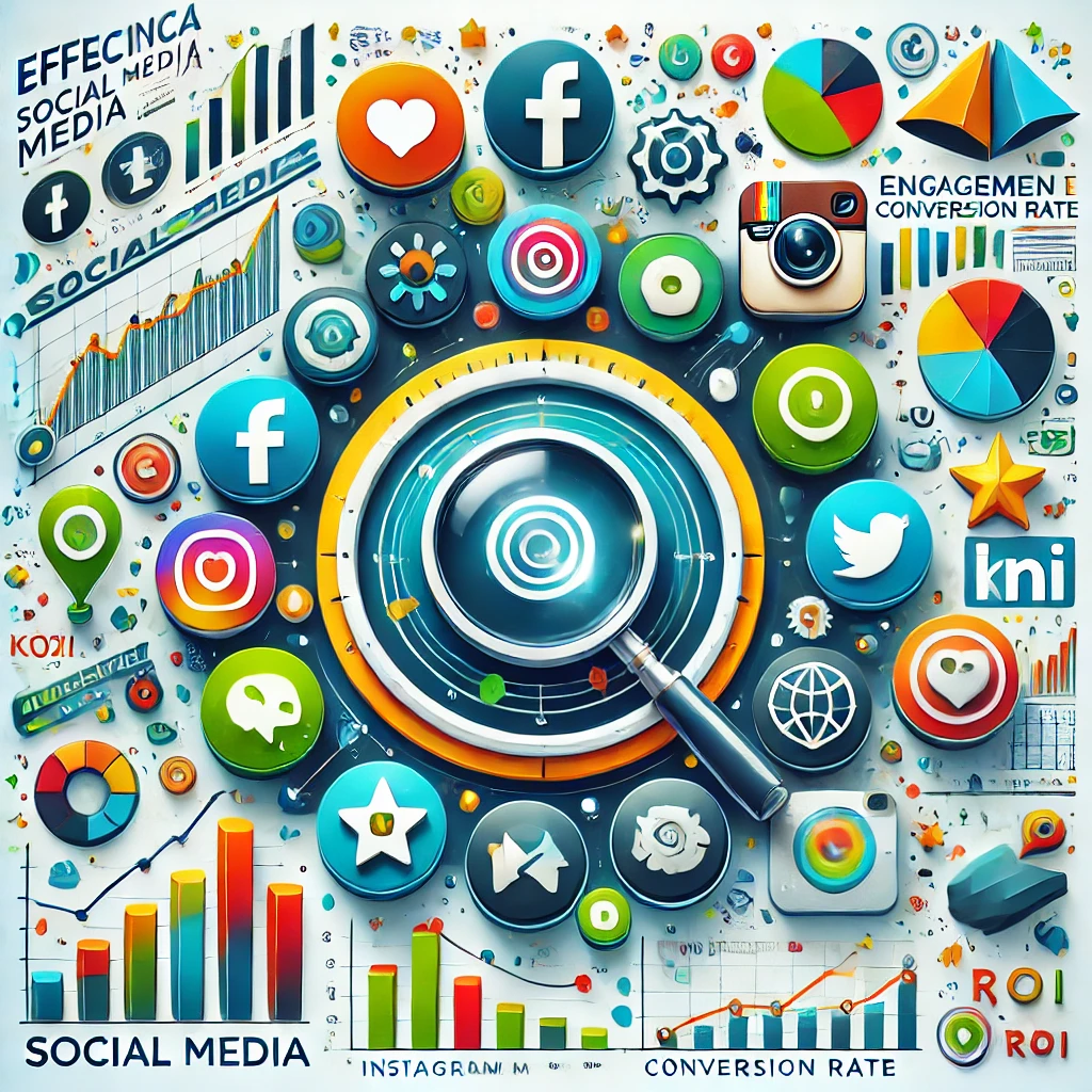 Grafico dell'efficacia delle campagne SMM con icone di social media e grafici di analisi.