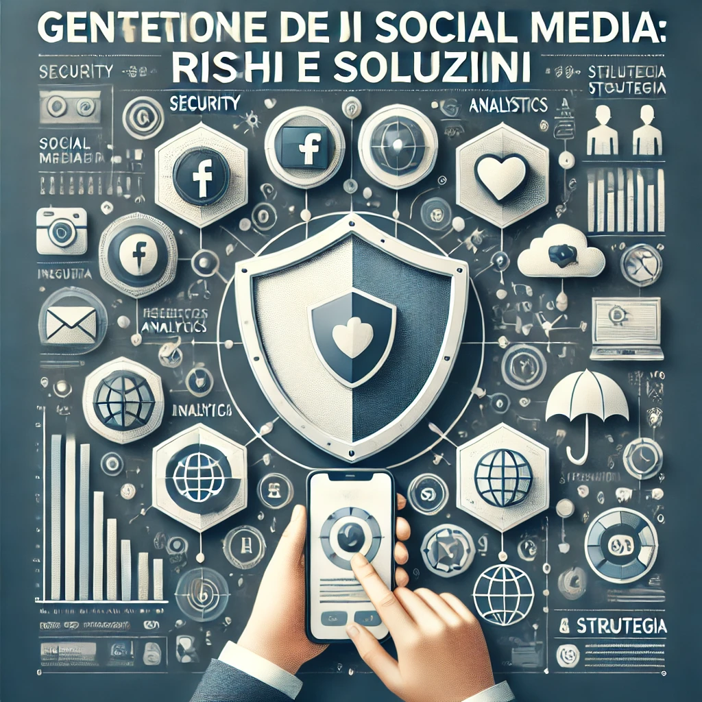 Immagine simbolica della gestione dei social media, inclusi Facebook, Instagram e Twitter, con elementi di sicurezza, analisi e strategia.