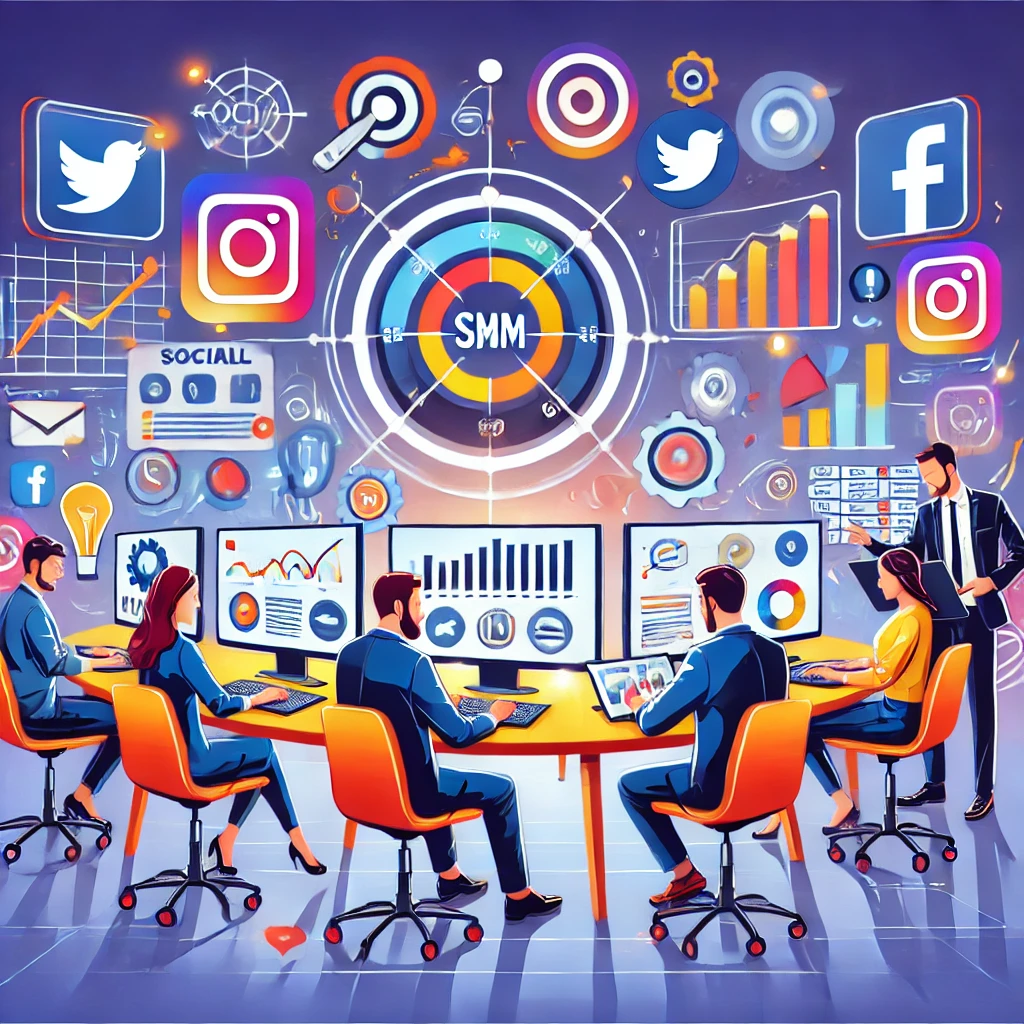 Team di marketing che lavora su strategie SMM in un ufficio moderno con schermi e grafici social.