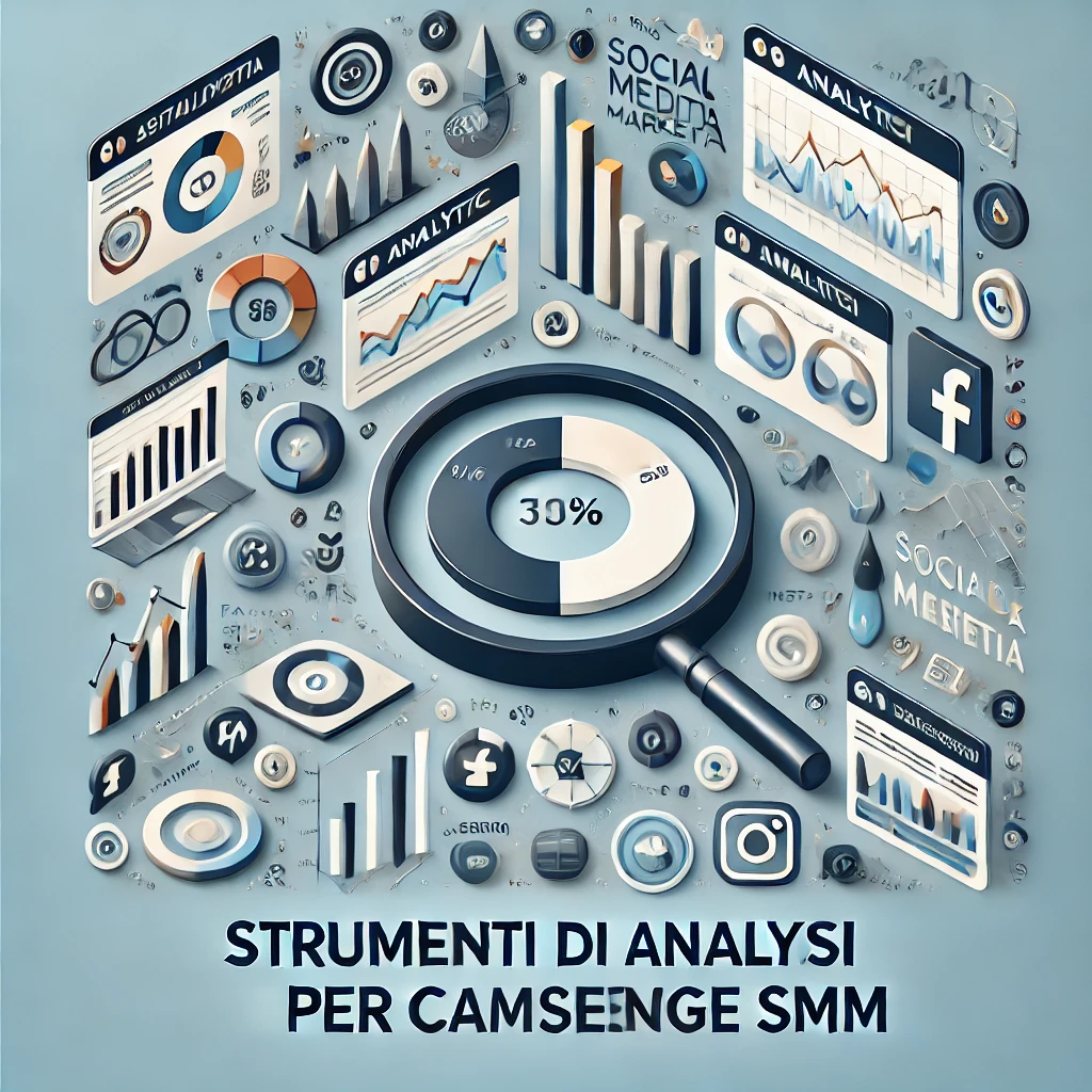 Grafici, dashboard e icone di social media che rappresentano gli strumenti di analisi per migliorare le campagne di SMM.