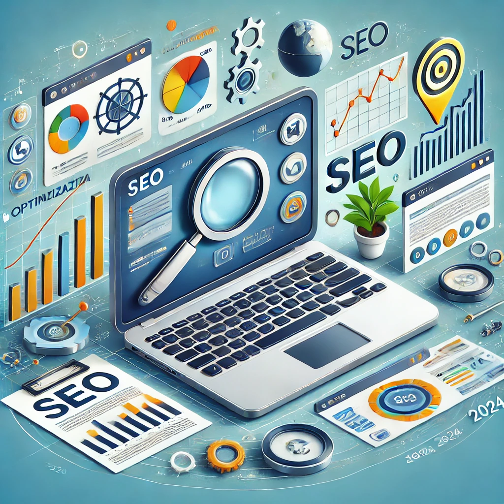 Laptop con dashboard SEO, grafici di crescita e parole chiave evidenziate, rappresentazione visiva dell’ottimizzazione dei contenuti per il 2024.