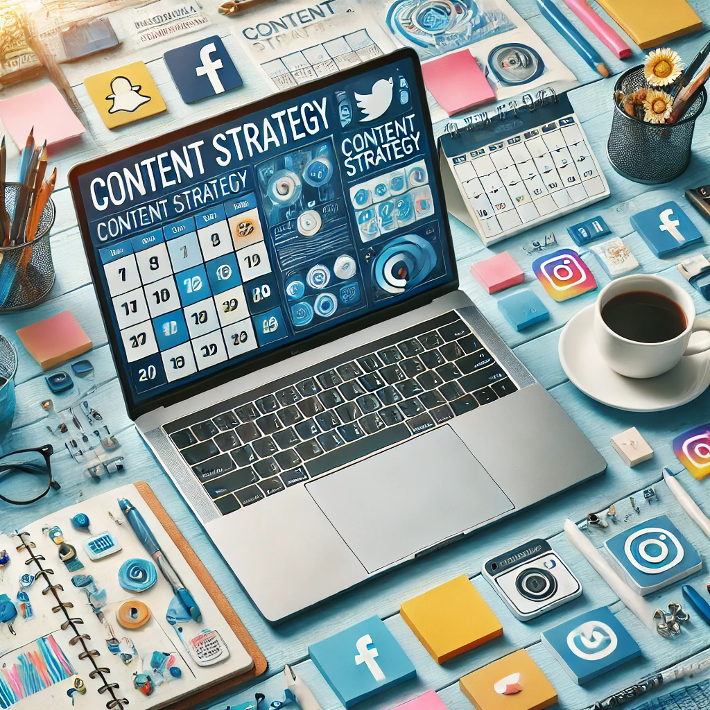 Un’immagine che rappresenta una strategia di contenuti per i social media, con un calendario editoriale su uno schermo di laptop e icone di piattaforme come Facebook, Instagram e Twitter.