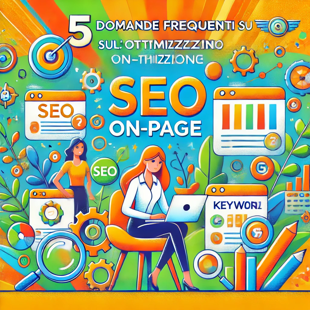 Un marketer digitale sorridente che lavora su un laptop, circondato da icone di SEO come parole chiave, simboli di ricerca e ranking.