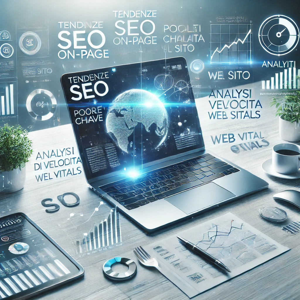 Laptop con editor SEO aperto, evidenziando parole chiave, Core Web Vitals e analisi di velocità del sito, con elementi moderni come un tablet e grafici di analisi.