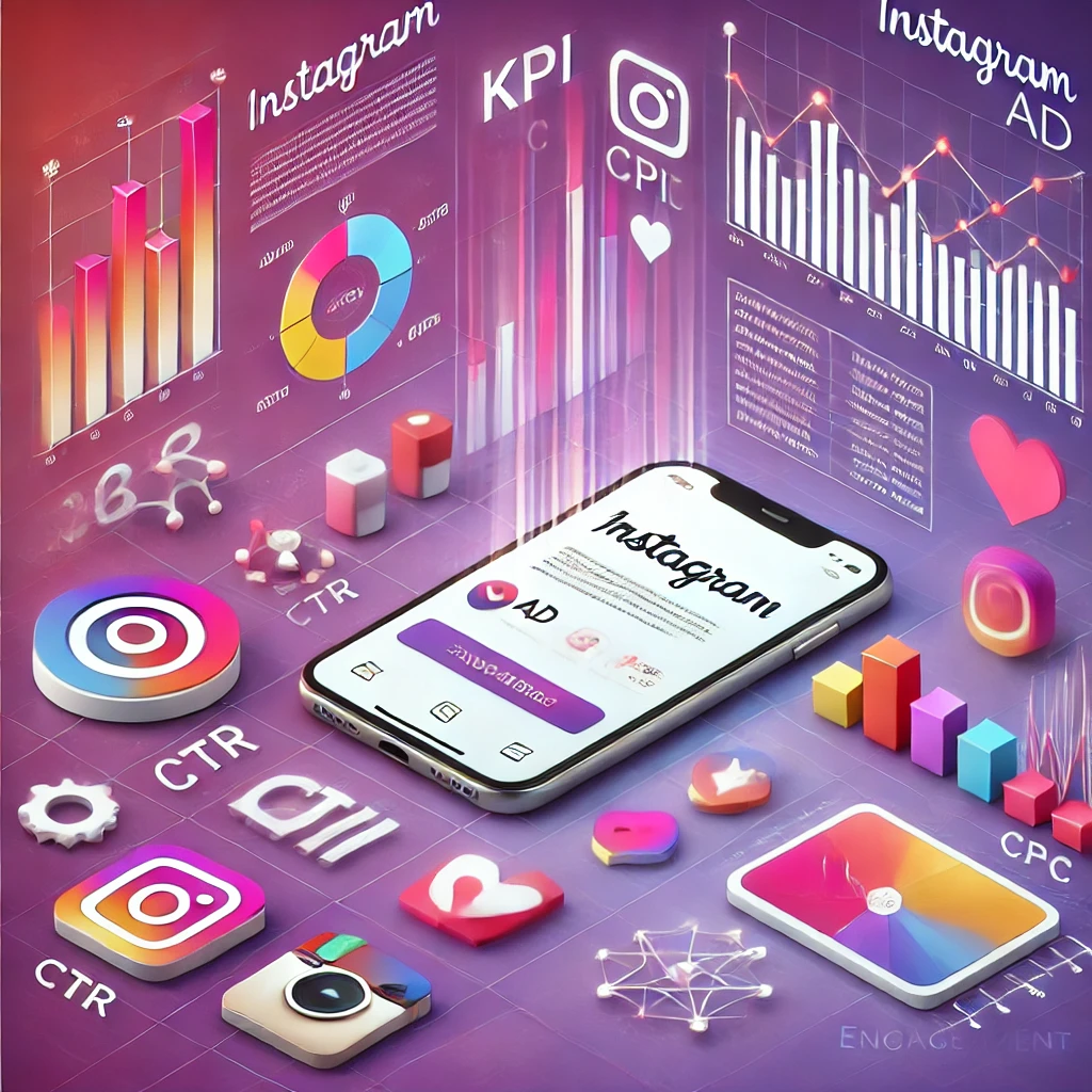 Un’immagine che rappresenta le metriche e i KPI della pubblicità su Instagram, con uno smartphone che mostra un annuncio e grafici analitici sullo sfondo.