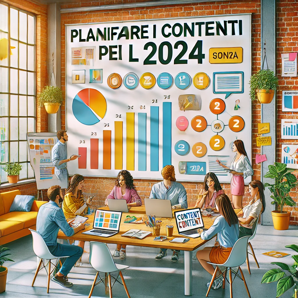 Un team di marketer che collabora in un ufficio moderno con laptop, tablet e una lavagna con un calendario editoriale colorato