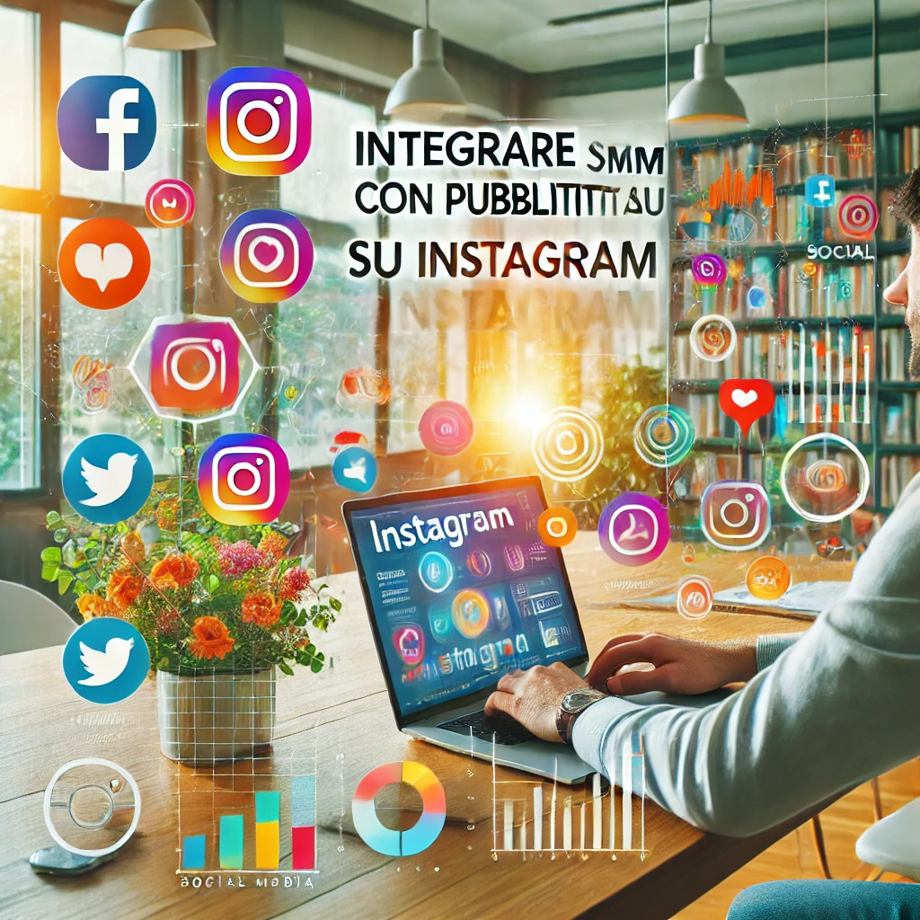 Un marketer al lavoro su un laptop con annunci Instagram visibili sullo schermo, circondato da icone colorate di social media e metriche di coinvolgimento.
