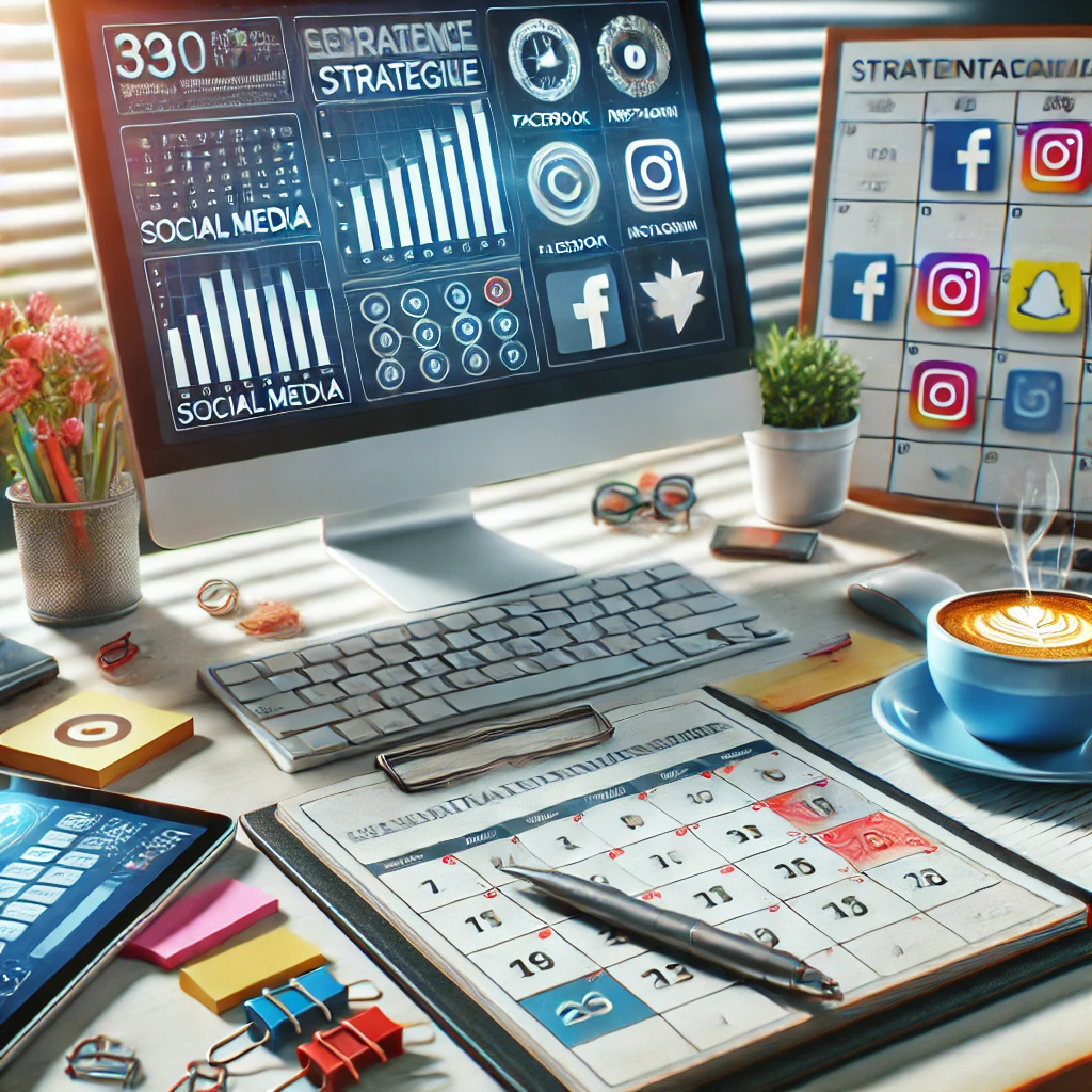Tablet e computer con un calendario editoriale digitale aperto e grafici di performance accanto, con icone di Facebook, Instagram e LinkedIn su una scrivania moderna.