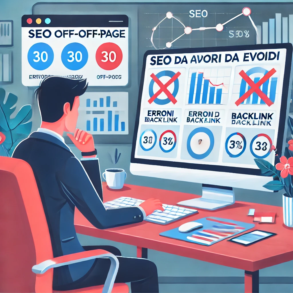 Professionista davanti a un computer con dashboard SEO che evidenzia errori nei backlink e strategie di ottimizzazione.