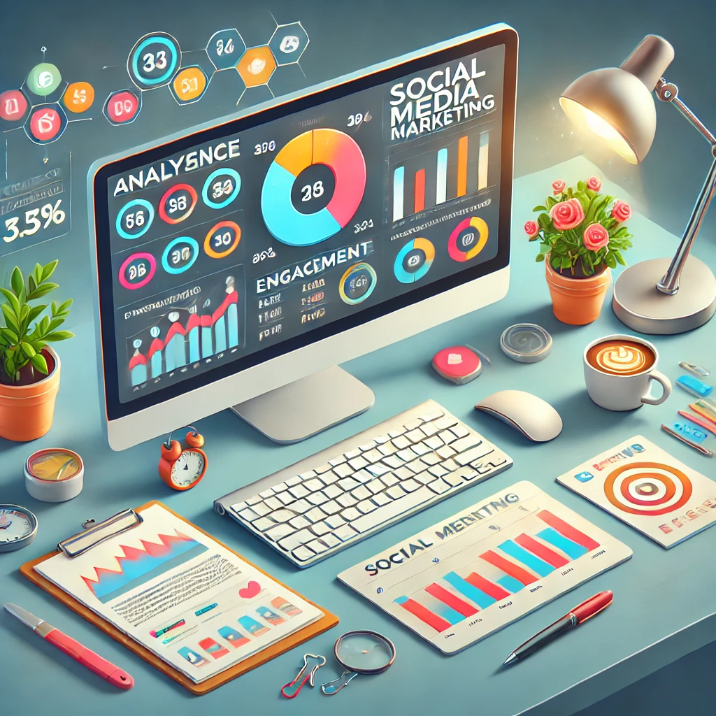 Computer con una dashboard di metriche SMM come engagement, traffico e conversioni, accompagnato da grafici colorati e un diagramma a torta, su una scrivania moderna.