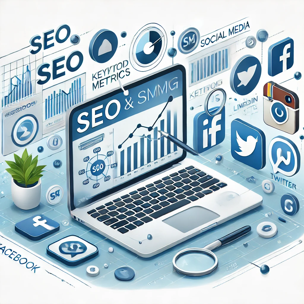 Un’immagine che rappresenta l’integrazione tra SEO e SMM con un laptop che mostra analisi SEO e icone social media fluttuanti attorno.