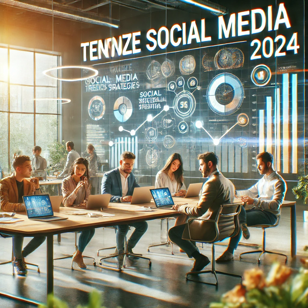 Un team di marketer discute strategie sui social media per il 2024 in un ufficio moderno, con laptop, una grande schermata con grafici delle tendenze e note adesive.