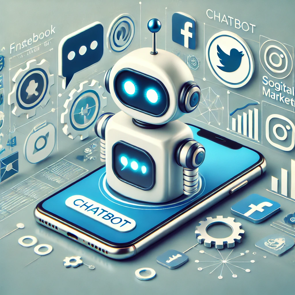 Un’illustrazione professionale che mostra un chatbot su uno smartphone con icone di social media (Facebook, Instagram, Twitter) e grafici digitali per il marketing.