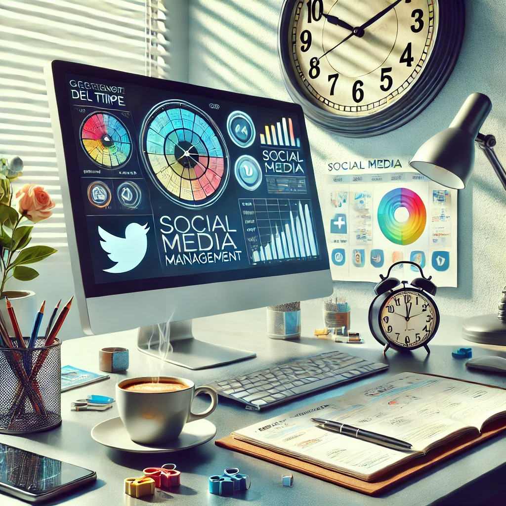 Scrivania moderna con un planner settimanale, un computer aperto con grafici di social media, una tazza di caffè e un orologio sul muro, che rappresentano la gestione del tempo nel SMM.