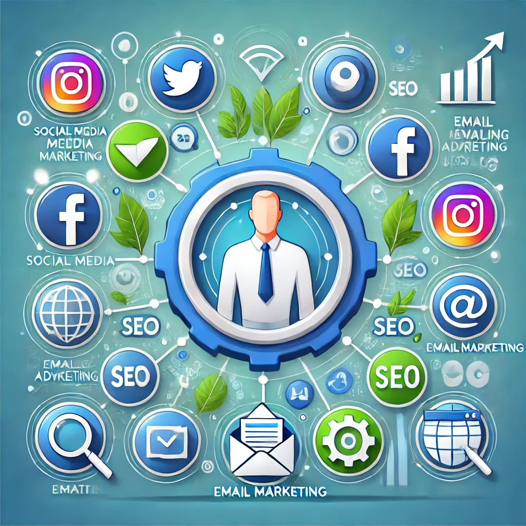 Illustrazione che rappresenta l'integrazione del SMM con altre strategie di marketing digitale: icone interconnesse di social media, SEO, email marketing e pubblicità digitale.