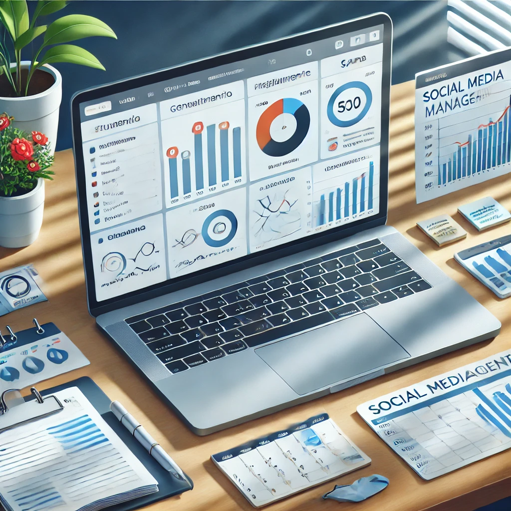 Scrivania ordinata con un laptop aperto che mostra un'applicazione di gestione dei progetti come Trello o Asana, un calendario settimanale e un grafico di performance.