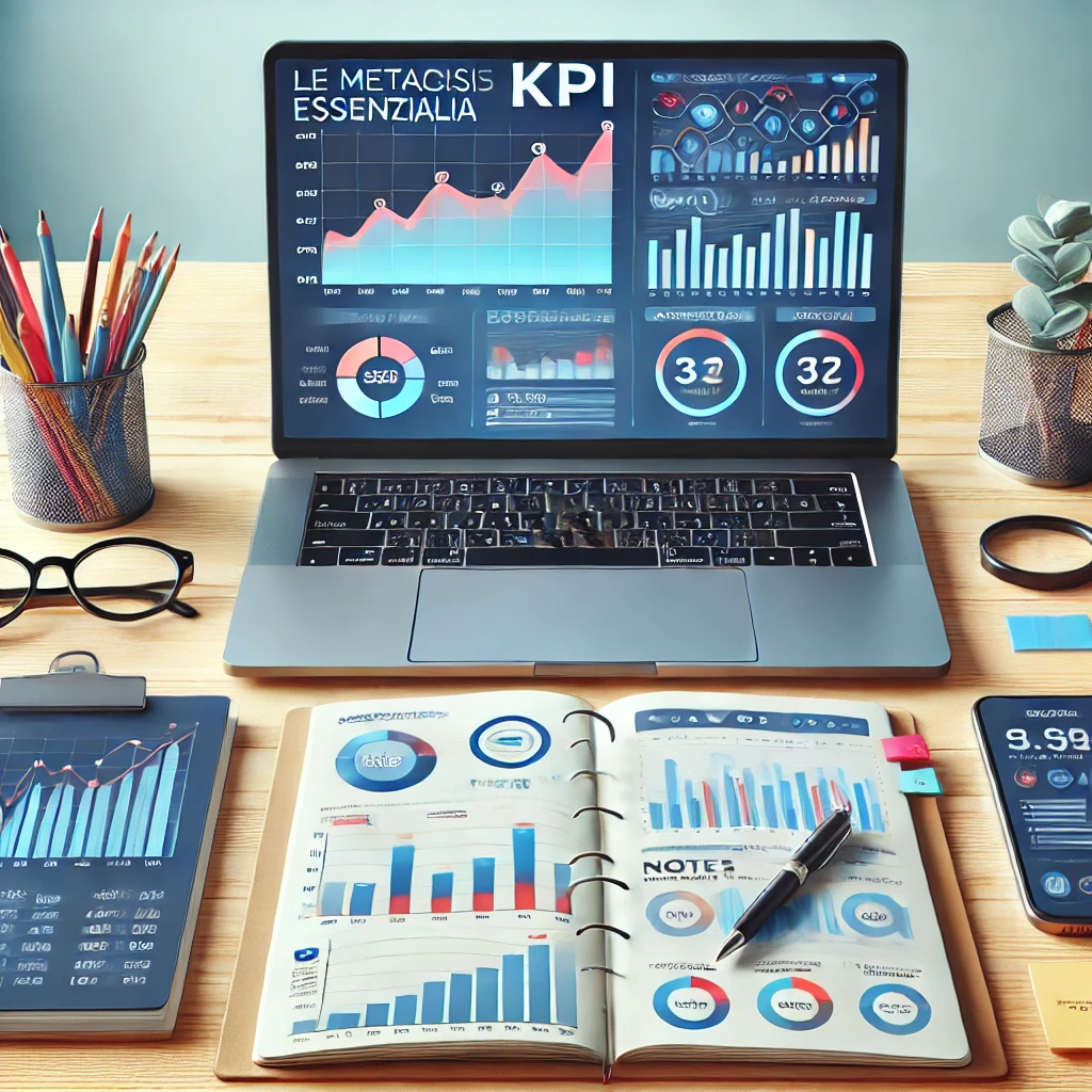 Scrivania moderna con un laptop che mostra un dashboard di analisi KPI, un grafico a barre colorato e un taccuino con note organizzate, rappresentando il monitoraggio del successo delle campagne SMM.