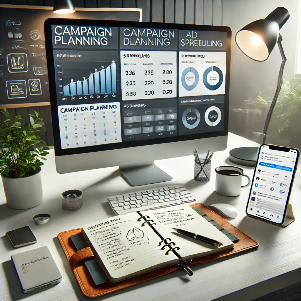 Scrivania moderna con computer che mostra una dashboard di pianificazione campagne, quaderno con appunti e smartphone con anteprime pubblicitarie.