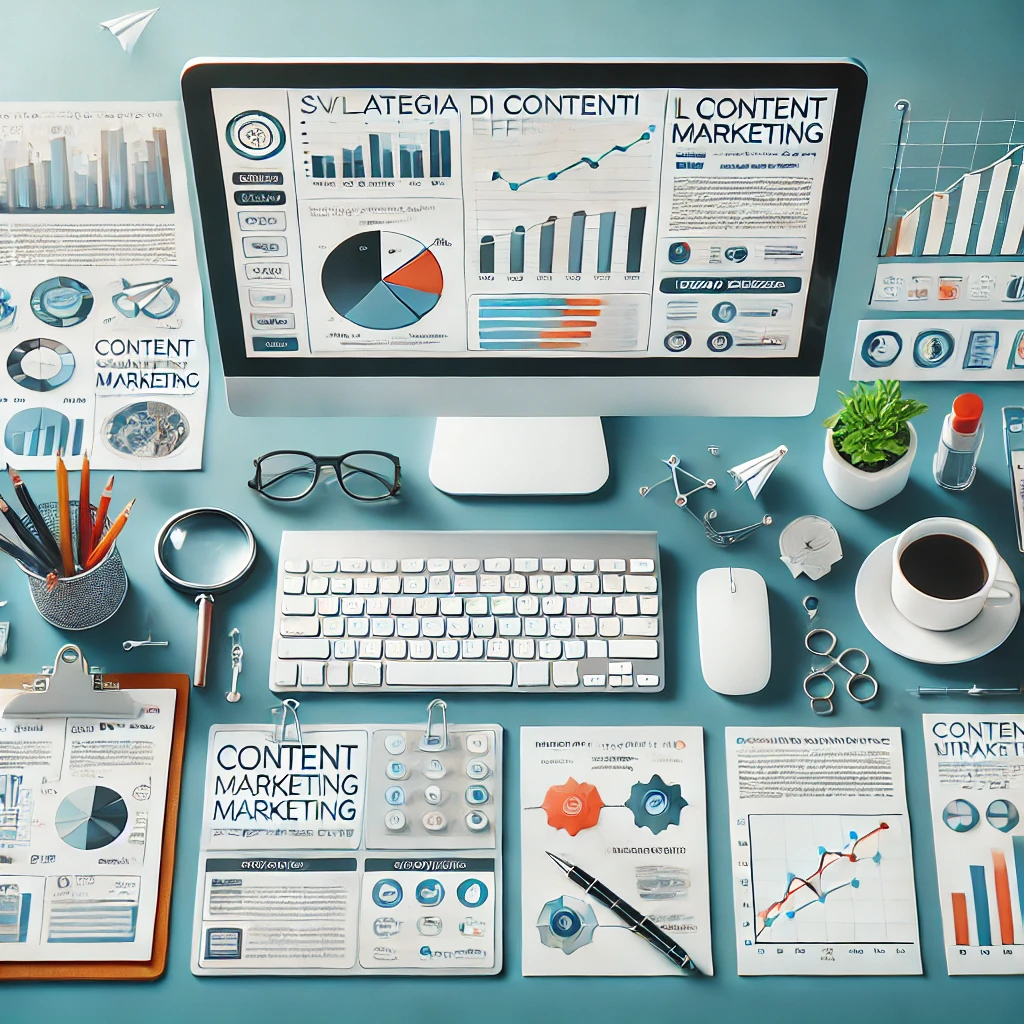 Scrivania moderna con un computer che mostra un piano editoriale, un blocco appunti con idee di contenuto e un diagramma di flusso strategico, ideale per lo sviluppo di una strategia di contenuti efficace.