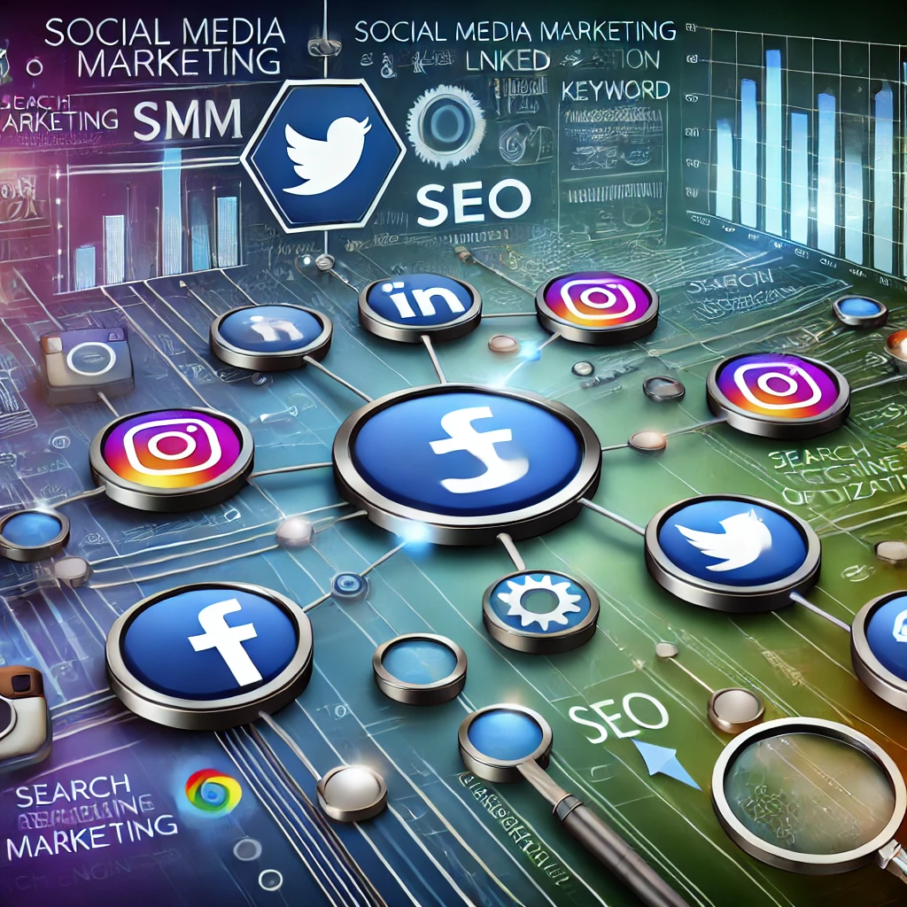 Illustrazione professionale che rappresenta l'integrazione tra Social Media Marketing (SMM) e SEO, con icone social connesse a elementi SEO come grafici di ricerca e analisi delle parole chiave.