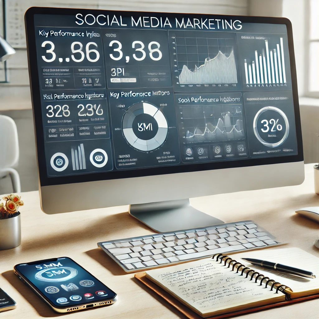 Scrivania professionale con schermo che mostra dashboard KPI e metriche di analisi SMM, smartphone con insight sui social media e quaderno con appunti.