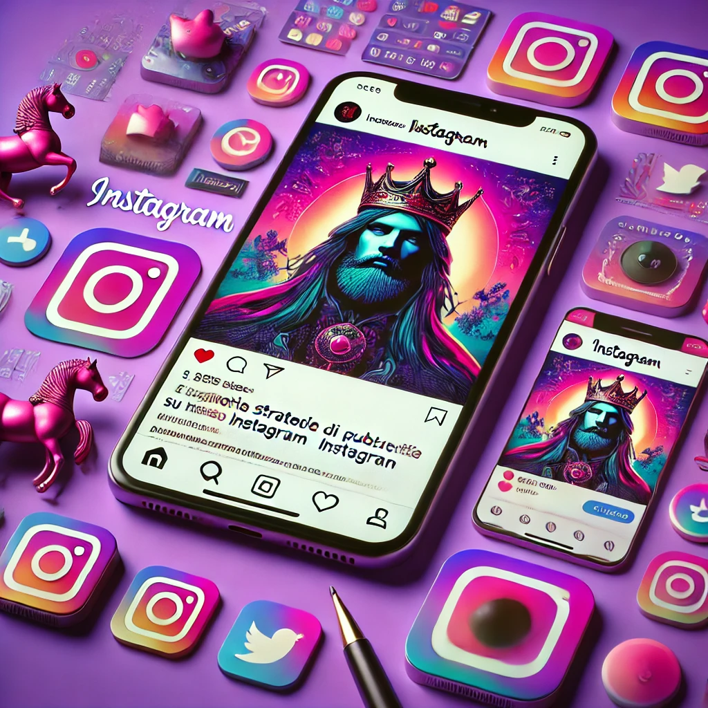 Smartphone con app di Instagram aperta, annuncio pubblicitario in evidenza e grafico del ROI in crescita.