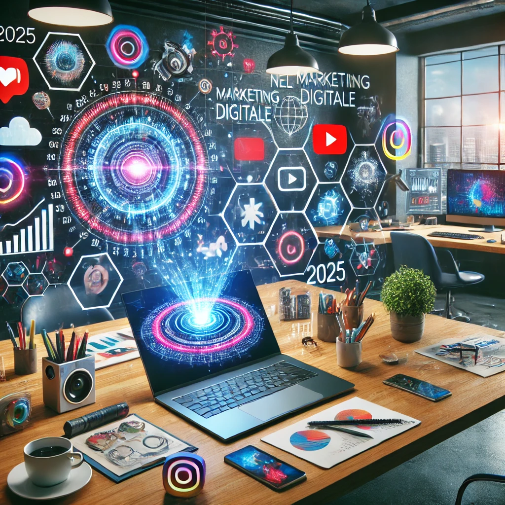 Ufficio moderno con un grande schermo che mostra un grafico di tendenze digitali, un laptop con un'interfaccia di intelligenza artificiale e strumenti di realtà aumentata, accanto a icone di social media come Instagram, YouTube e TikTok.