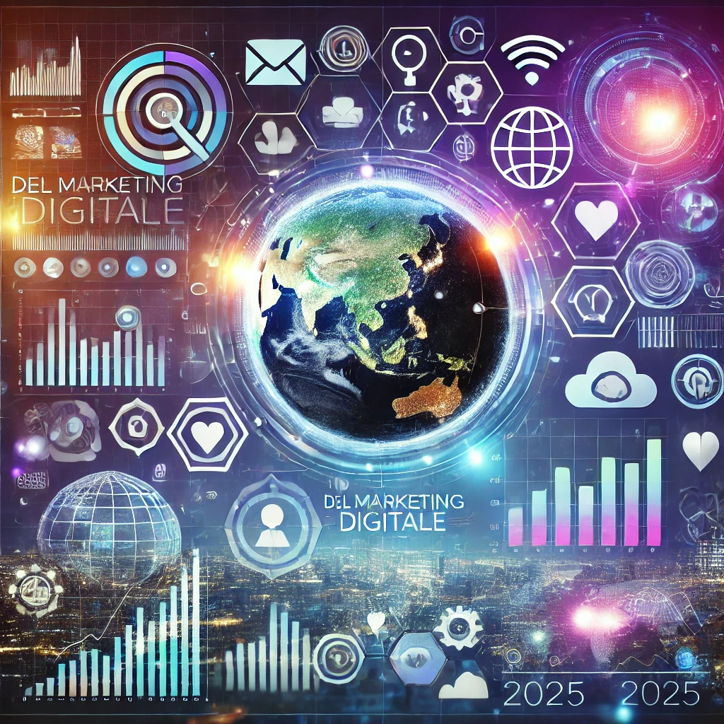 Schermo con grafici digitali, icone di social media e simboli di intelligenza artificiale che rappresentano le tendenze del marketing digitale nel 2025.