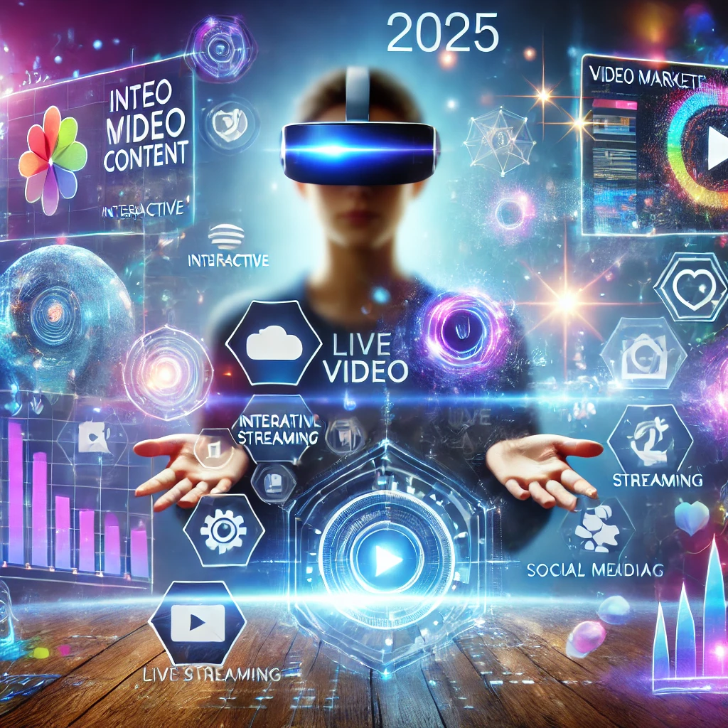 Immagine futuristica che rappresenta le tendenze del video marketing per il 2025, con schermi olografici, contenuti interattivi e tecnologie AR/VR.
