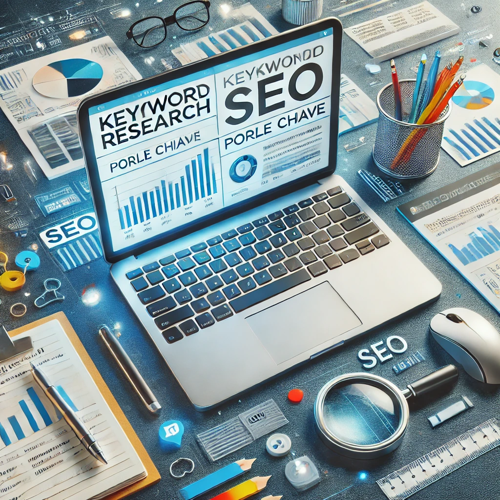 Scrivania con laptop e grafici di keyword research per il SEO
