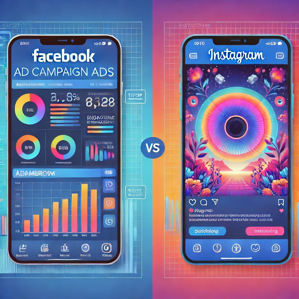 Confronto tra Facebook Ads e Instagram Ads con interfacce pubblicitarie e metriche di engagement.