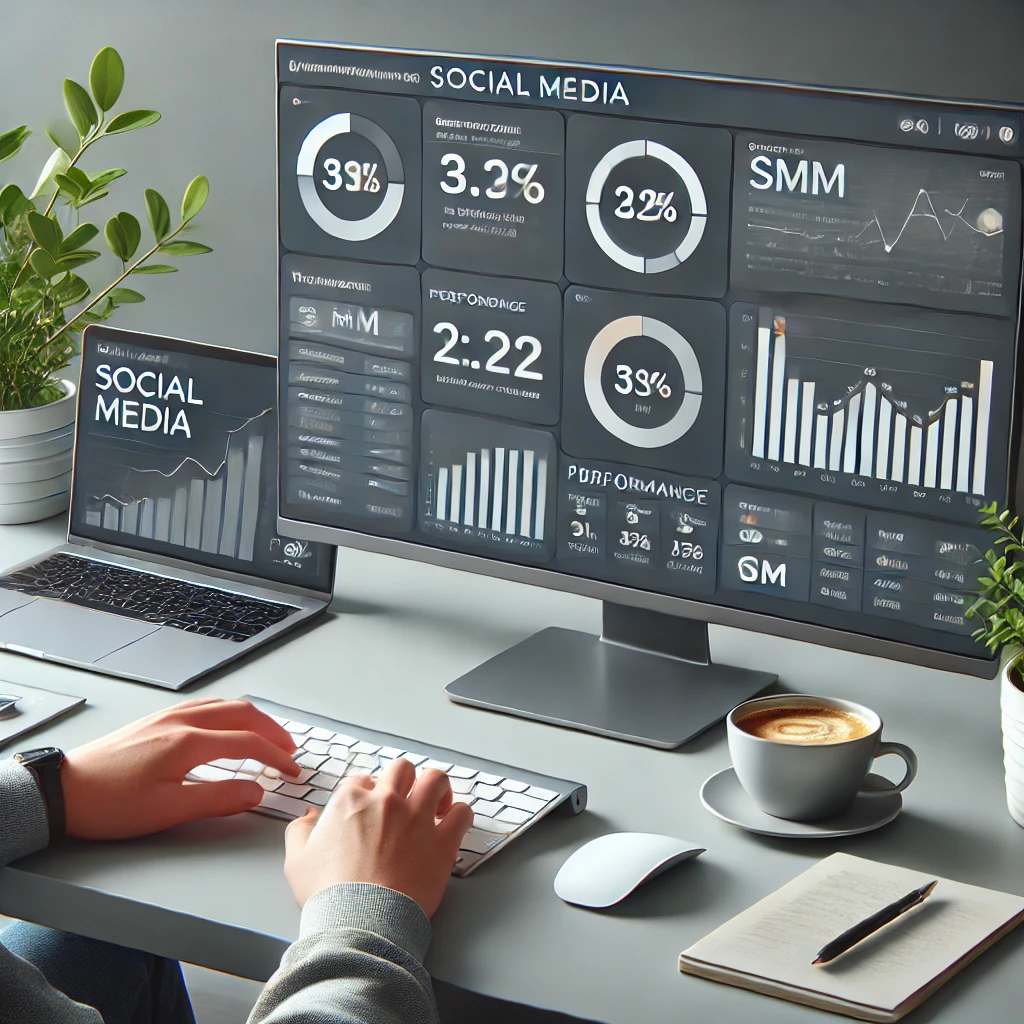Analista di social media monitora le performance SMM con grafici e KPI