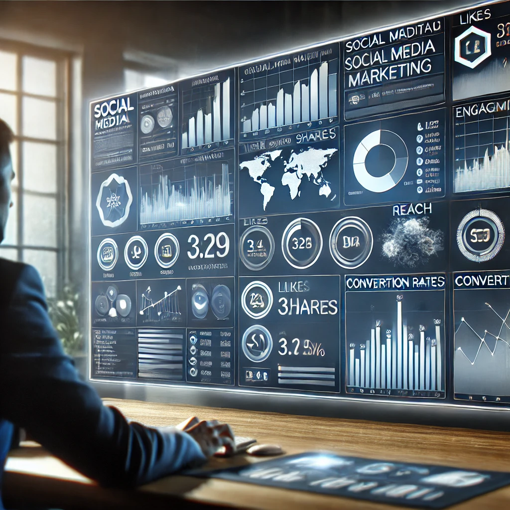 Un dashboard digitale con analisi delle performance SMM, metriche di engagement e un marketer che prende decisioni strategiche.
