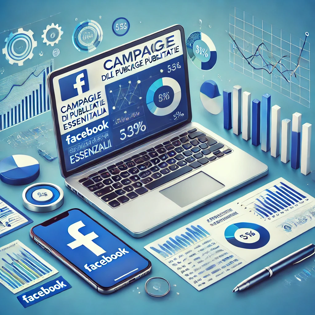 Scrivania con laptop e grafici delle campagne pubblicitarie su Facebook