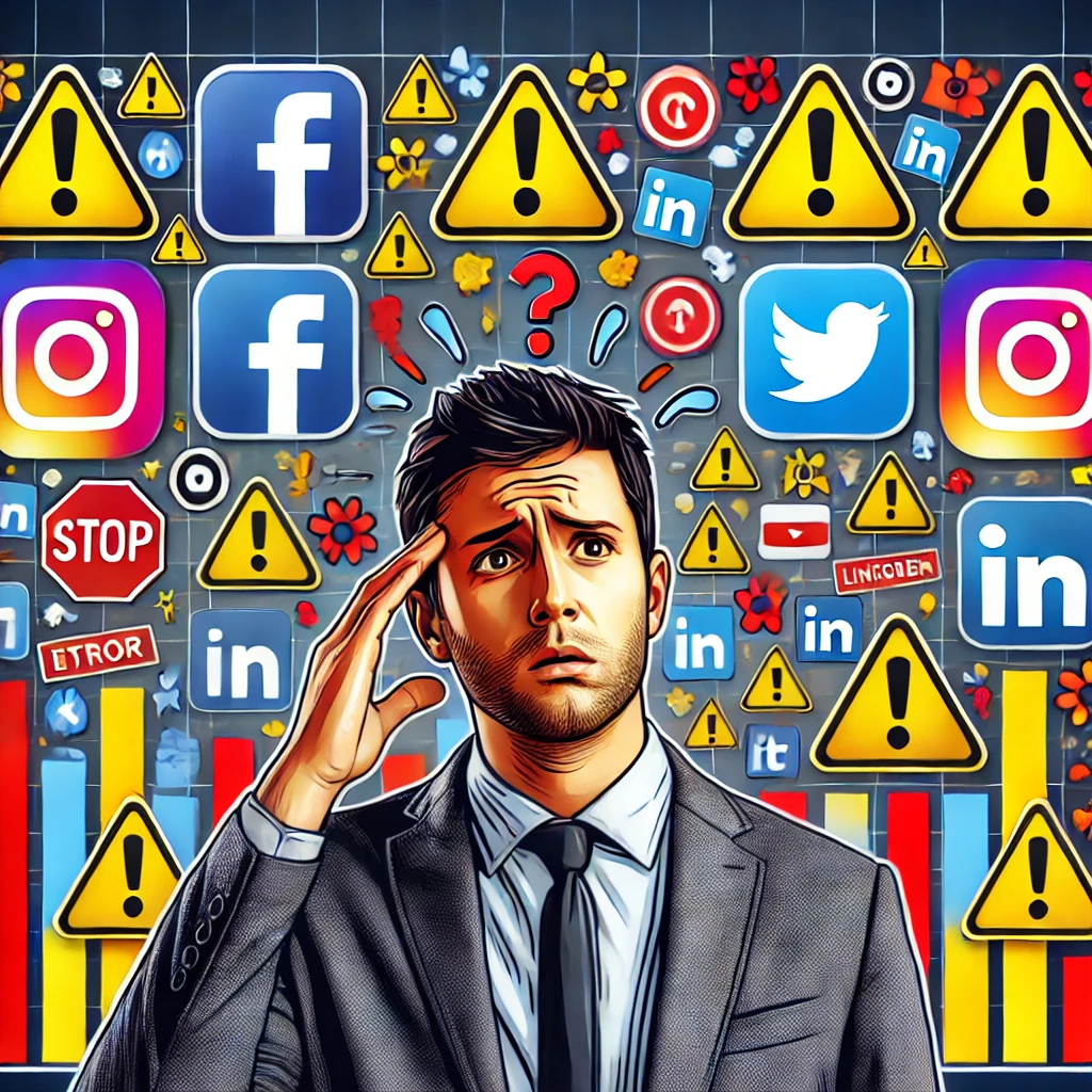 Un marketer digitale confuso davanti a icone social con segnali di errore e metriche in calo.
