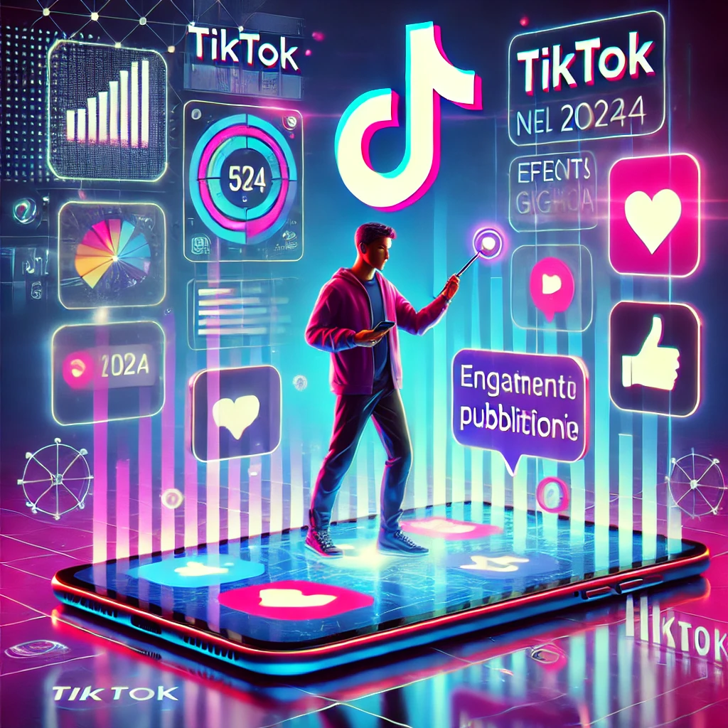Un giovane marketer lavora su una campagna pubblicitaria per TikTok, circondato da elementi grafici come l'icona musicale, effetti di transizione e simboli di engagement. Sullo sfondo, uno smartphone gigante mostra un annuncio pubblicitario in esecuzione.