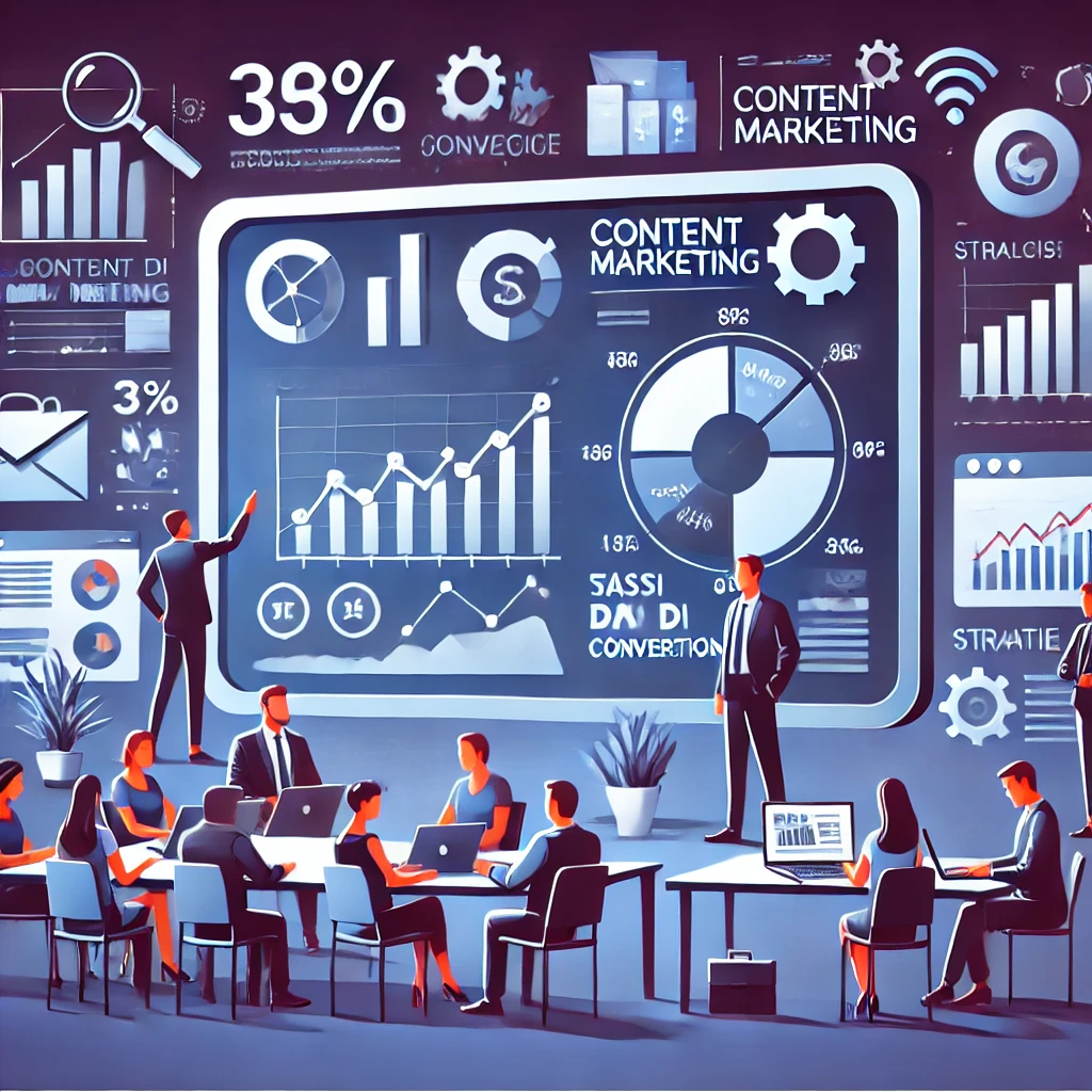 Un team di esperti di marketing analizza le metriche di content marketing su un grande schermo con grafici e statistiche.