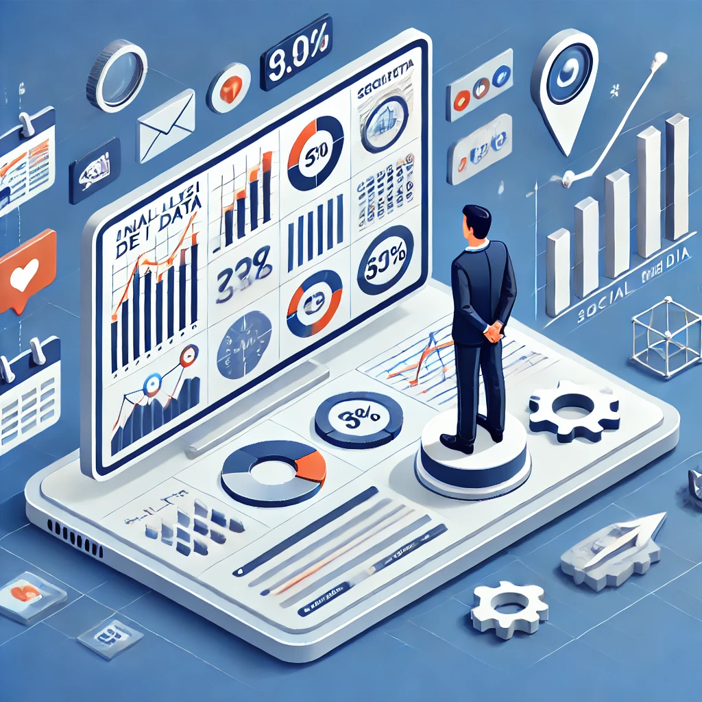 Un analista osserva uno schermo gigante con grafici KPI e metriche di performance sui social media, circondato da icone 3D e strumenti di analisi digitale.