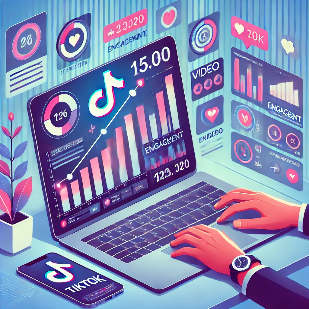 Un esperto di social media gestisce un account aziendale su TikTok, monitorando statistiche di crescita e engagement su un laptop.