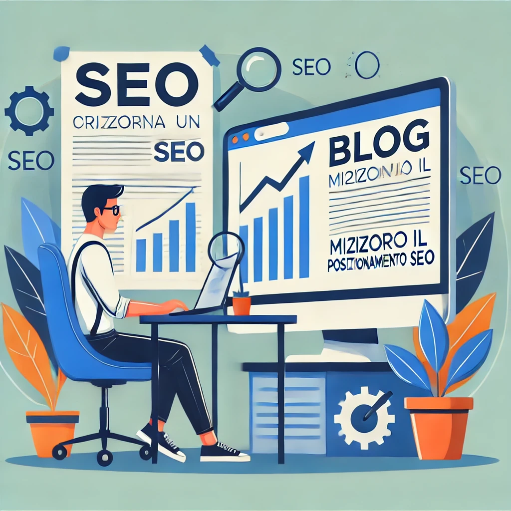 Un marketer scrive un articolo su un blog aziendale al computer, con elementi grafici di SEO, parole chiave e grafici di crescita sullo schermo.