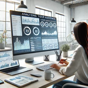 Specialista marketing analizza i dati del pubblico in un ambiente moderno