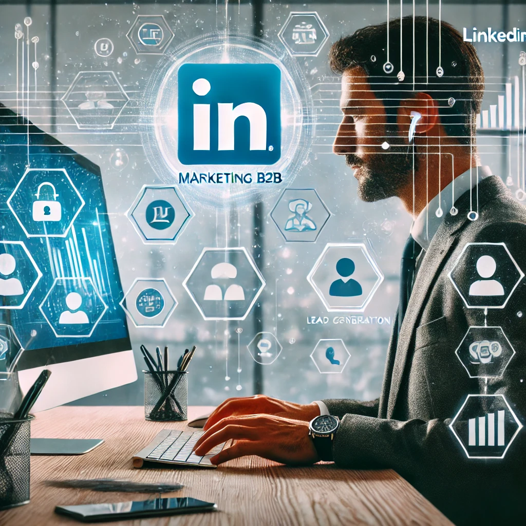 Un professionista lavora al computer con il logo di LinkedIn sullo schermo, circondato da icone di networking, lead generation e analisi dei dati.