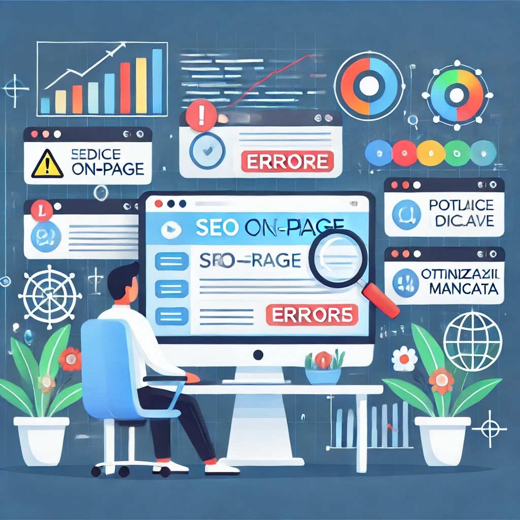 Un esperto di marketing digitale analizza errori nel SEO On-Page su un computer con avvisi di errore e grafici in calo.
